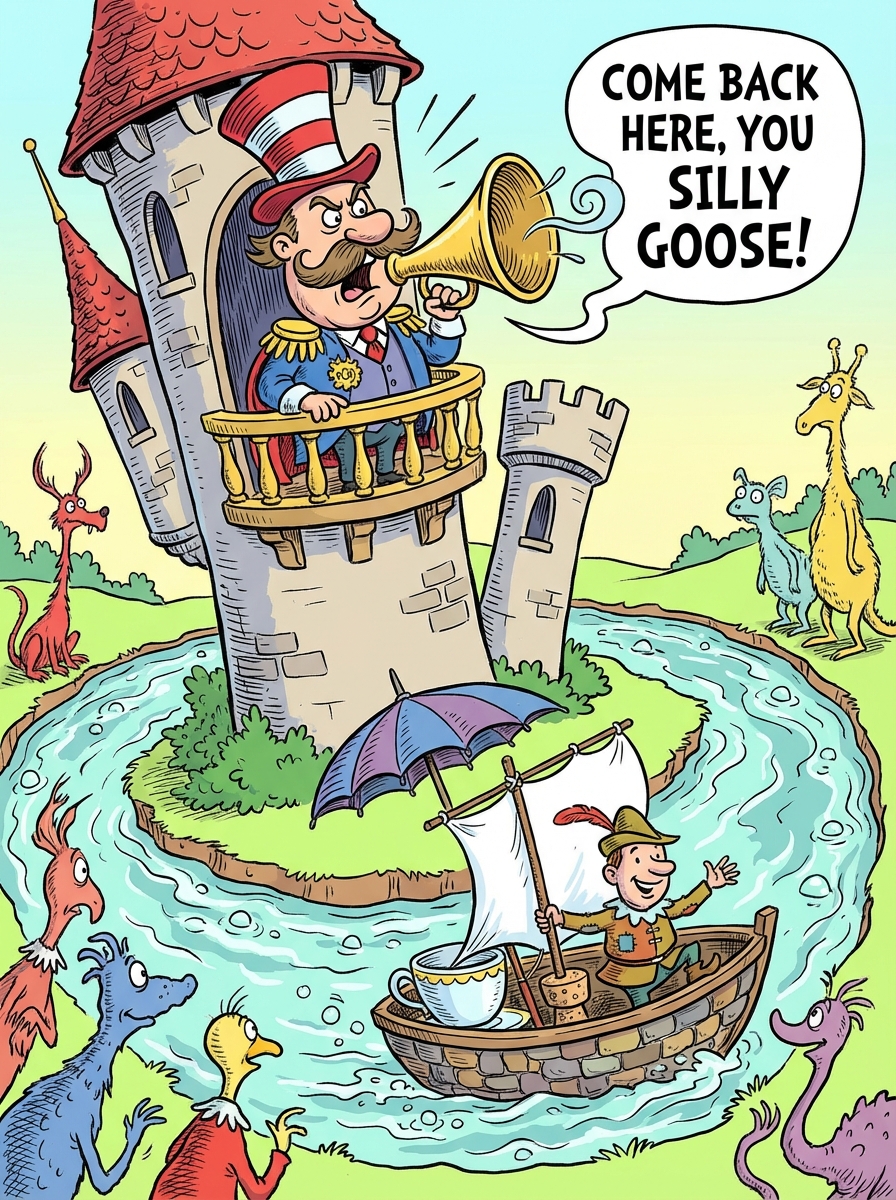 Tiny man sailing away