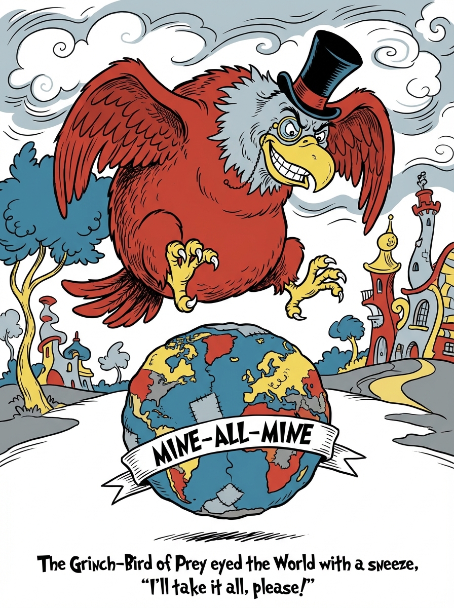 Giant eagle with a top hat looking at a globe