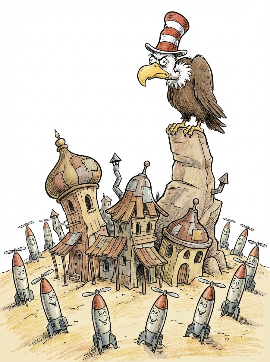 Eagle glaring at a desert town with missiles